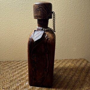 Vintage Embossed Leather Wrapped Decanter With Cork Stopper & WHISKY Tag